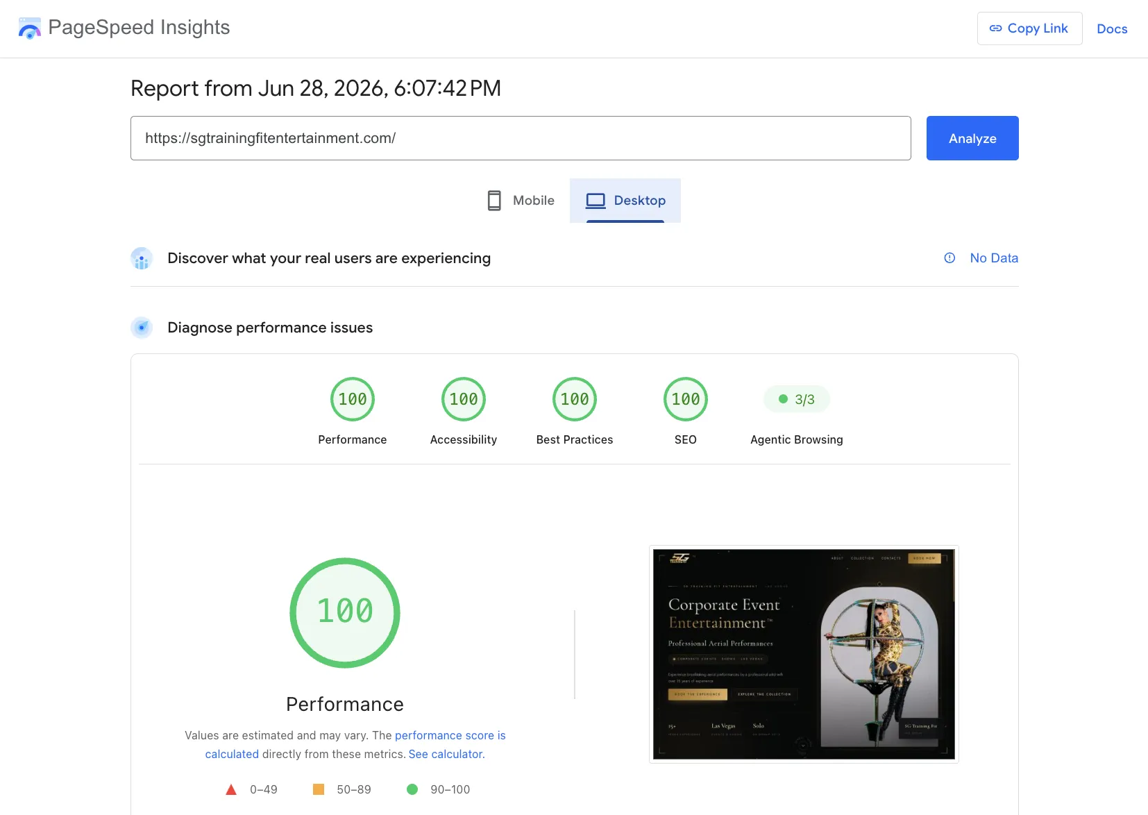 Google PageSpeed desktop report for sgtrainingfitentertainment.com — Performance 100, Accessibility 100, Best Practices 100, SEO 100