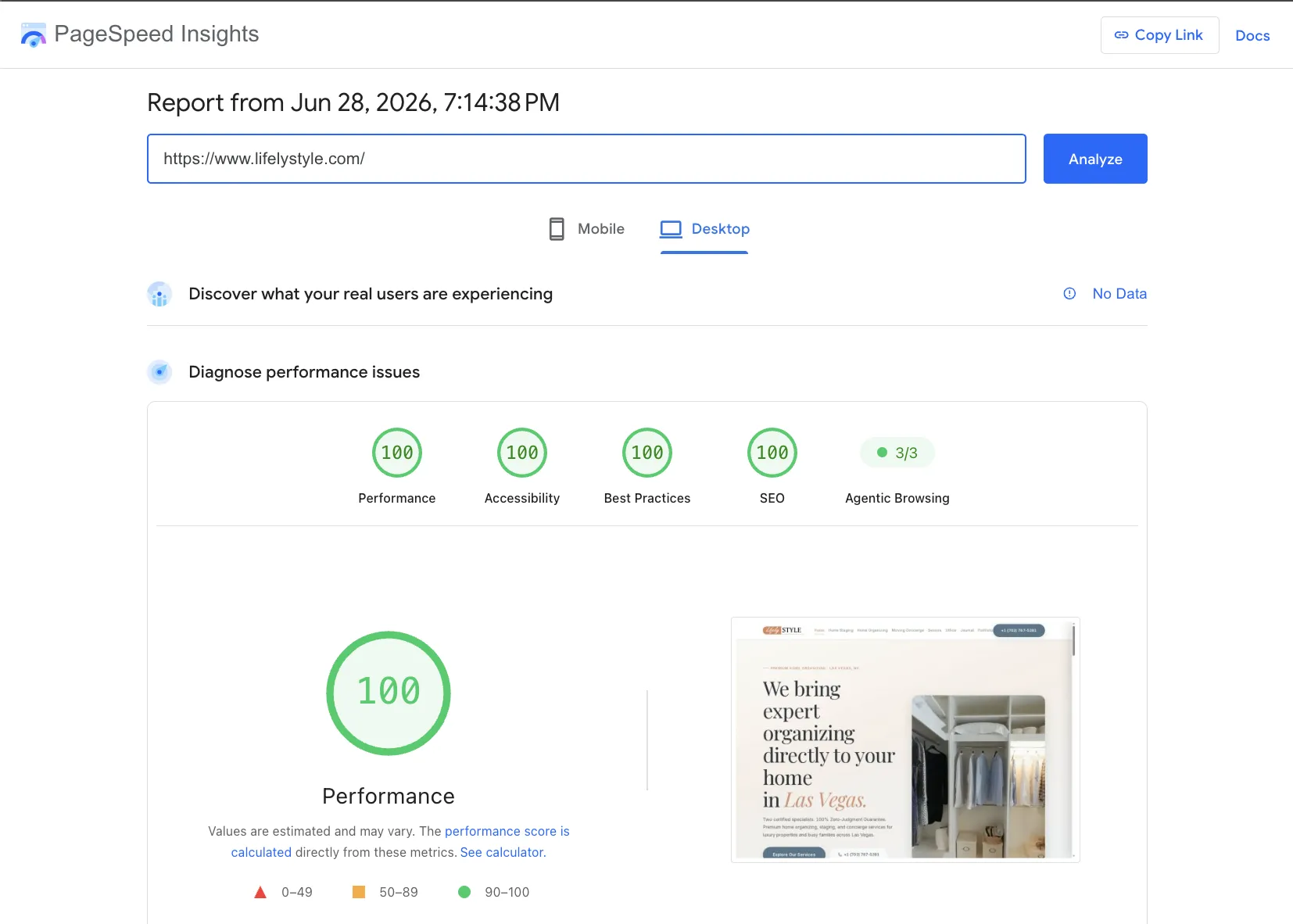 Google PageSpeed desktop report for lifelystyle.com — Performance 100, Accessibility 100, Best Practices 100, SEO 100