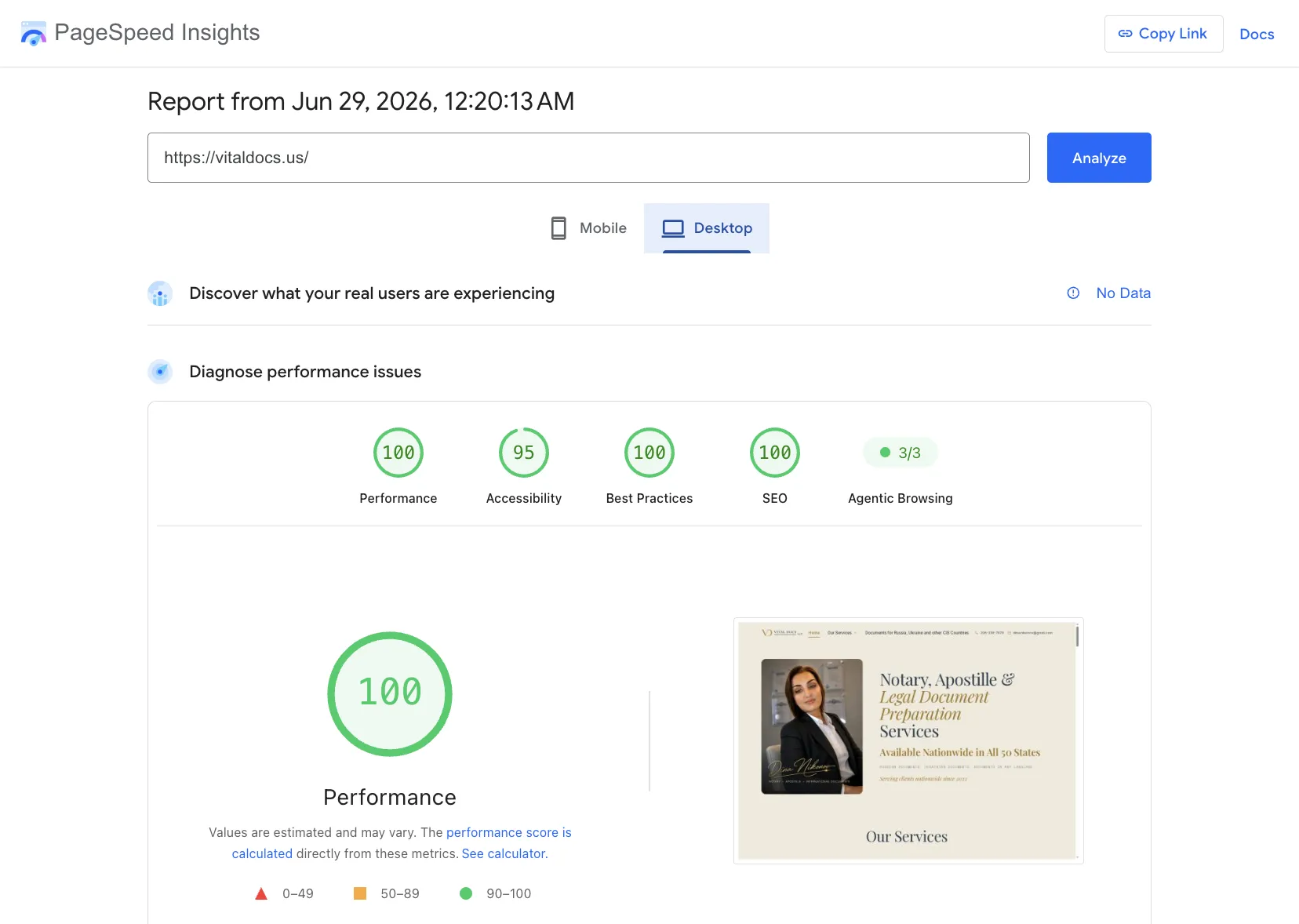 Google PageSpeed desktop report for vitaldocs.us — Performance 100, Accessibility 95, Best Practices 100, SEO 100