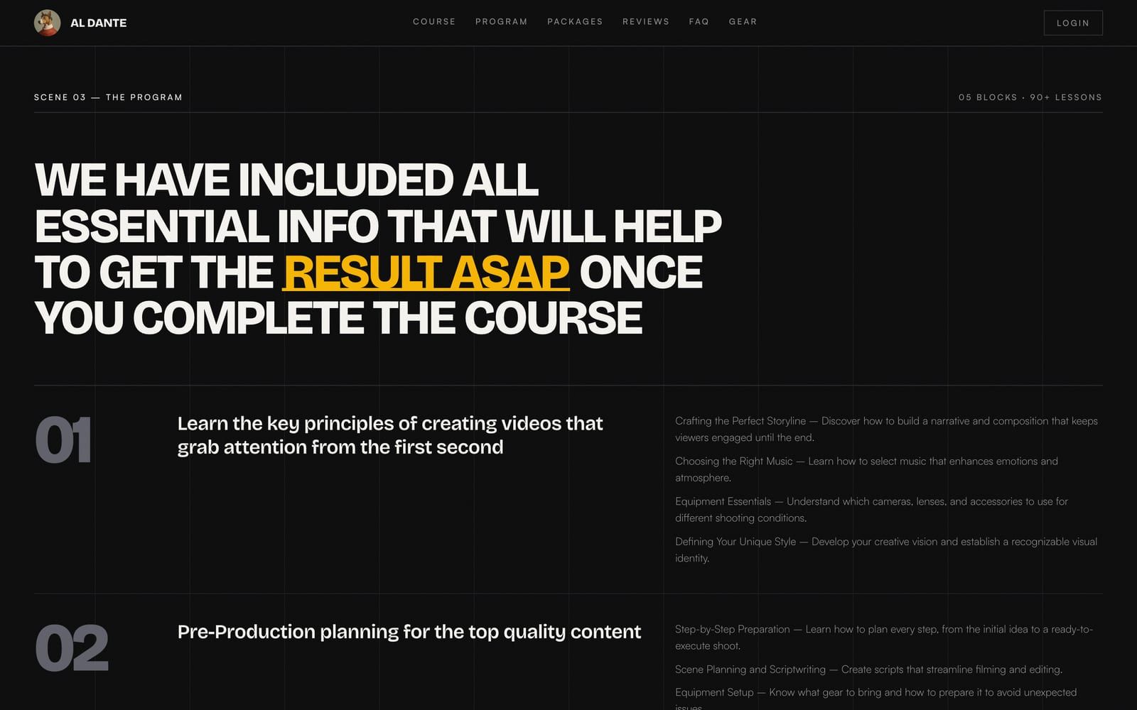 AL Dante — Food cinematography school website by Infinite Semantic Inc., screen 2